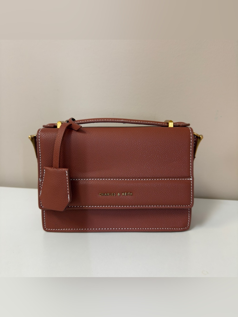 Charles & Keith Brown Structured NON Leather Crossbody Bag
